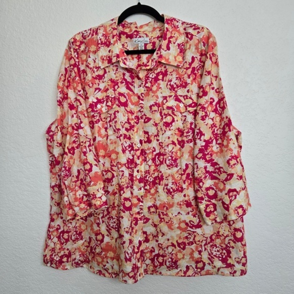 Kim Rogers 1X Women's Floral Button-Up Linen Shirt Long Sleeve‎ Multicolor